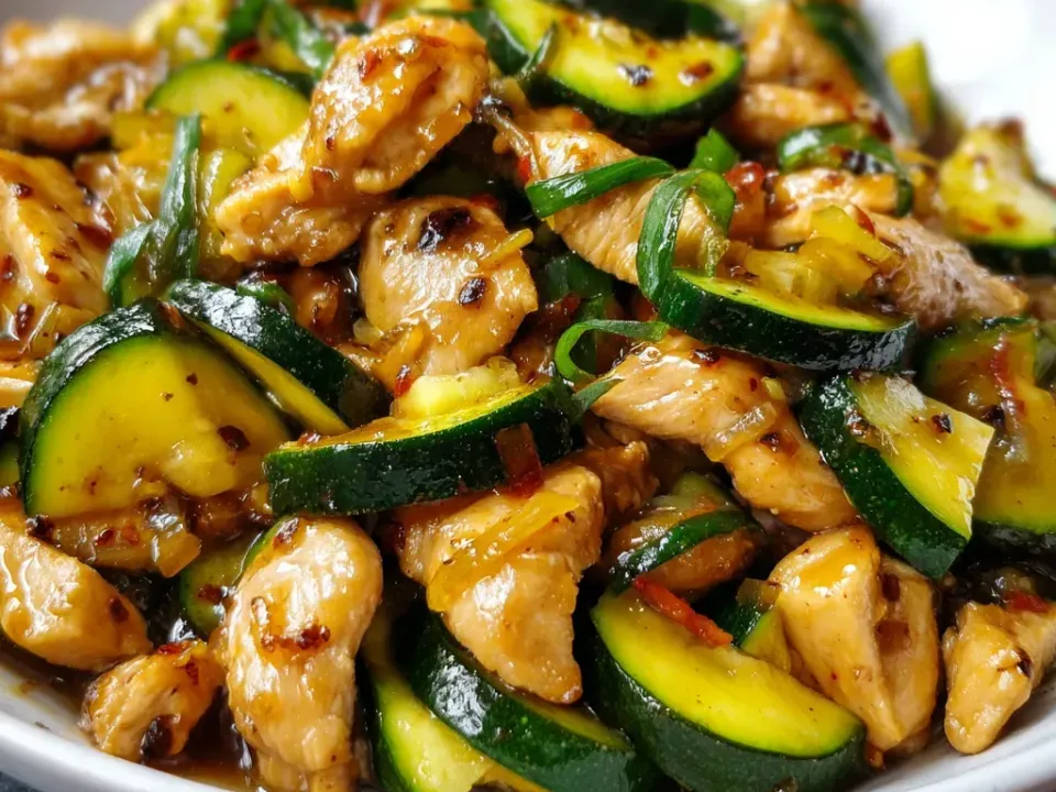 A white bowl of chicken pieces and half-moon zucchini slices in a glossy brown sauce with red chilli flakes, sliced scallion and grated ginger and garlic