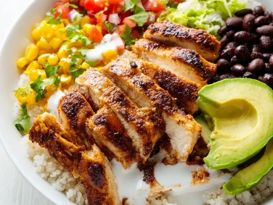 Sliced chicken breast with a dark red-brown spice crust over white rice sectioned with yellow corn, diced tomato and red onion pico, shredded lettuce, black beans and sliced avocado, with a white creamy sauce pooling in the centre