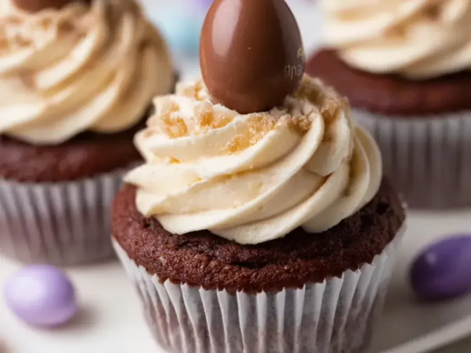 Chocolate cupcakes in fluted cases under tall pale buttercream swirls, each topped with a whole brown chocolate egg, with pastel candy eggs scattered around a white plate
