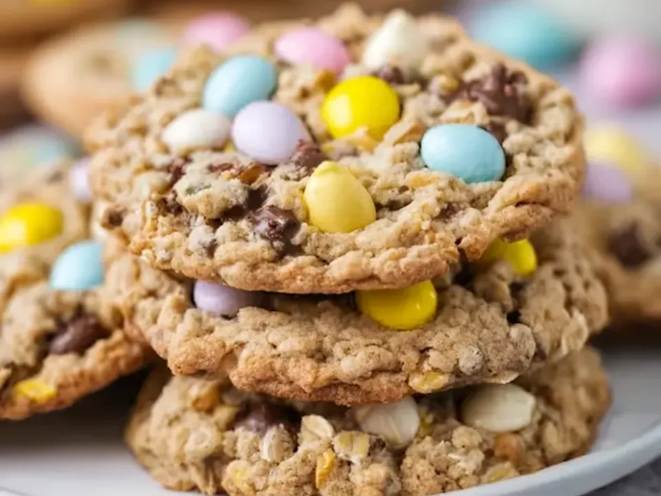 Thick oatmeal cookies with visible oats, chocolate chunks and pastel candy-coated mini chocolate eggs in blue, pink, yellow and white, stacked on a plate