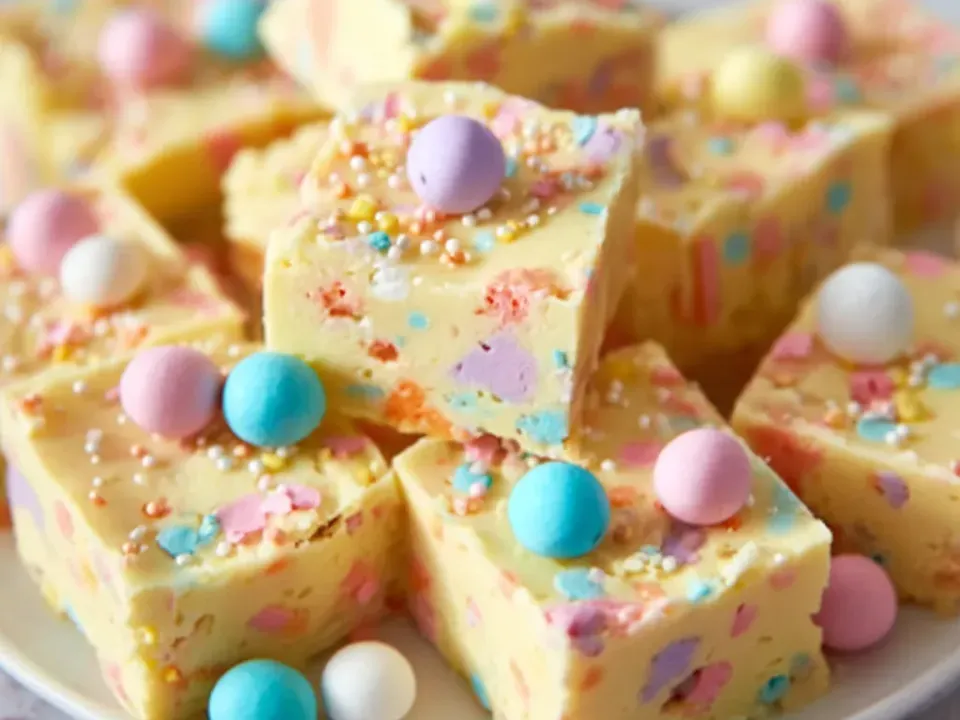 Cut squares of pale yellow fudge shot through with pastel candy pieces, topped with speckled candy eggs and nonpareil sprinkles on a white plate
