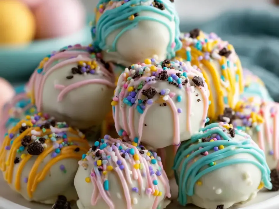 White-chocolate-coated Oreo truffle balls on a white plate with pastel drizzle, sprinkles and dark cookie crumbs, pastel eggs behind