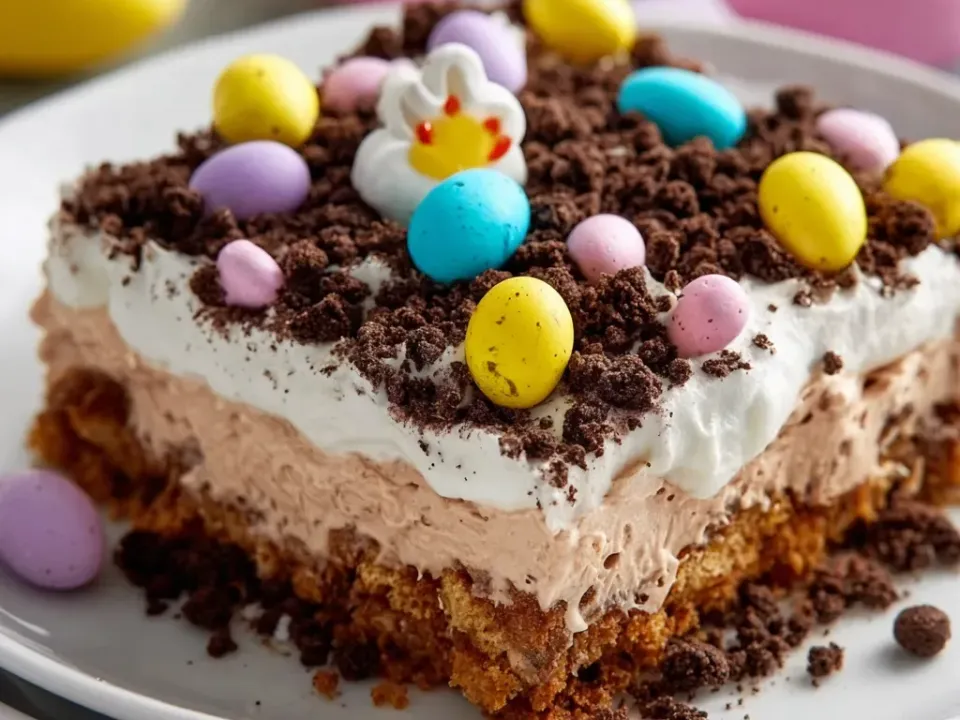 A layered no-bake dessert square on a white plate with a cookie-crumb base, chocolate cream layer, white whipped layer, crumbs and pastel candy eggs on top