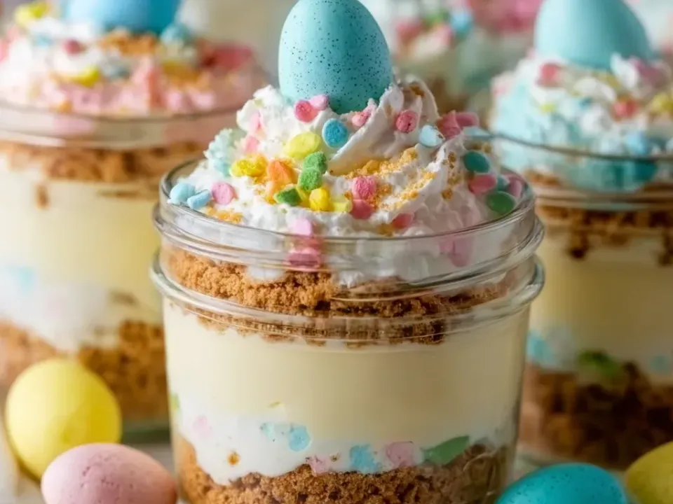 Clear glass jars of layered no-bake cheesecake showing a golden crumb base, pale set filling, a second crumb layer and piped cream, topped with pastel candy pieces and a speckled egg
