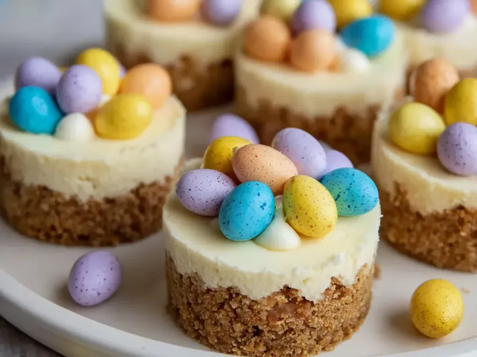 Small round individual cheesecakes on thick golden biscuit bases with smooth pale set tops, each crowned with a cluster of whole pastel speckled candy eggs on a white plate