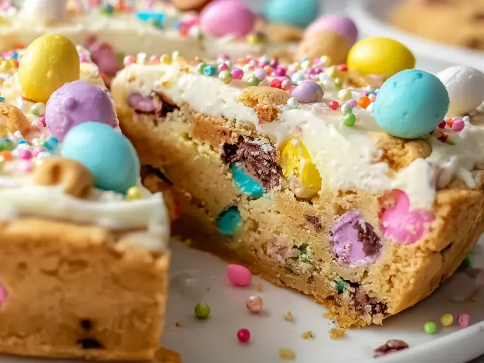 A thick round cookie cake cut open to show a chewy blond crumb studded with pastel candy-coated chocolate eggs, topped with white frosting, rainbow sprinkles and more candy eggs