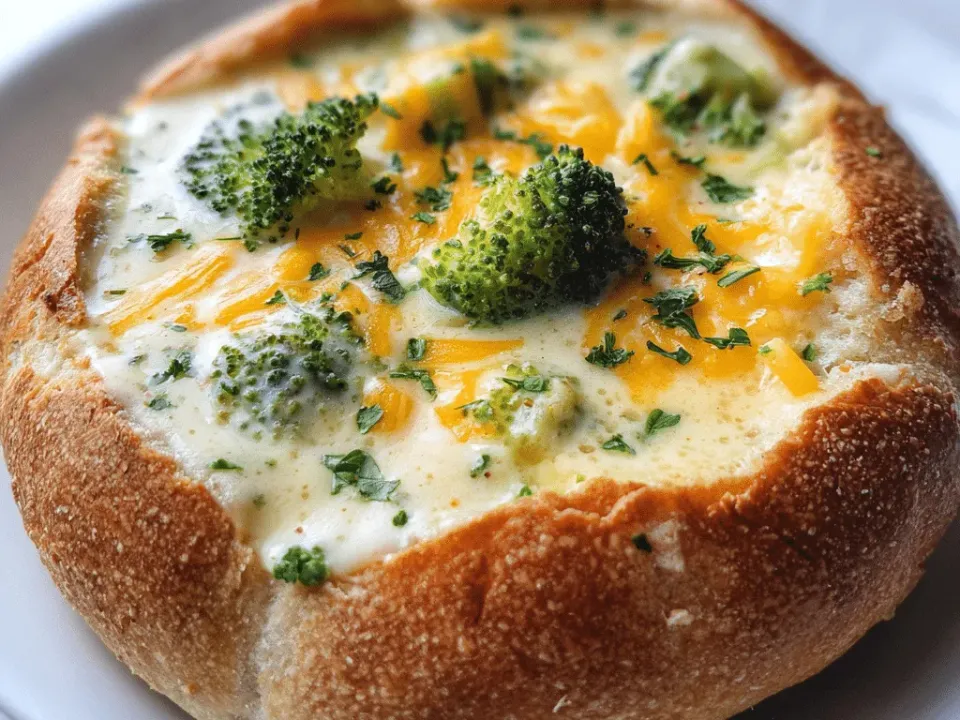 Thick broccoli cheese soup with visible florets and shreds of carrot, served in a hollowed round bread bowl