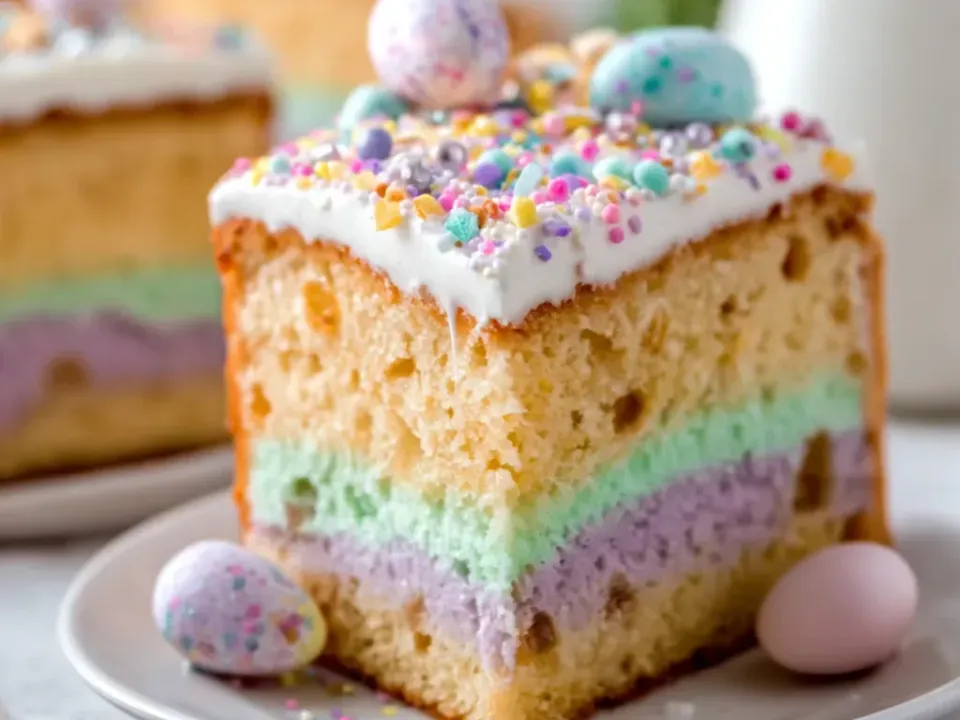A tall slice of vanilla layer cake with pastel green and purple sponge layers, white frosting, rainbow sprinkles and speckled pastel candy eggs