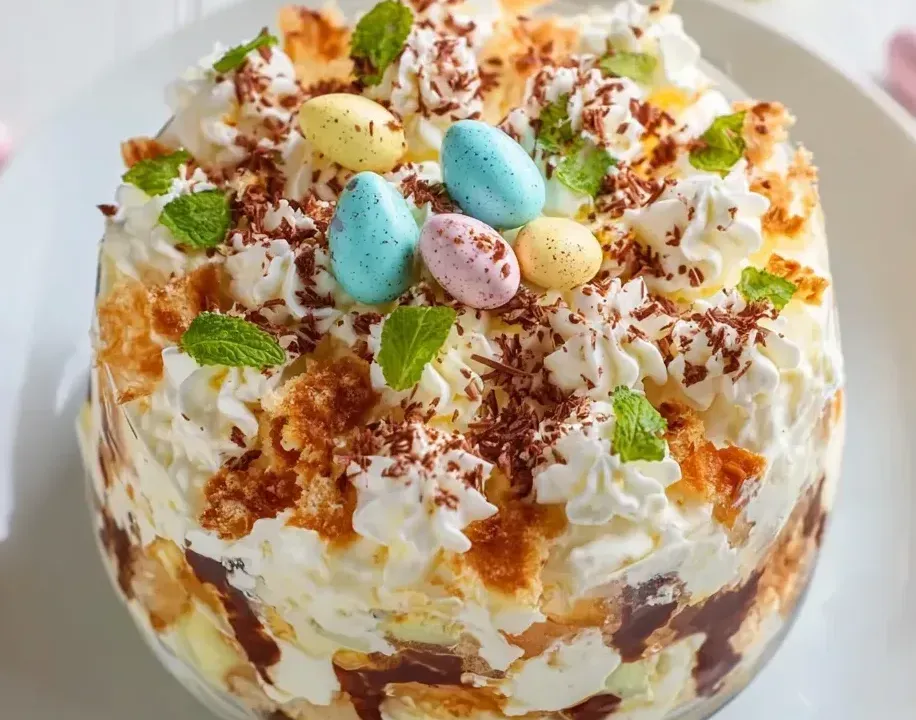 A round glass trifle bowl layered with cake pieces, pale pudding, whipped cream and chocolate, topped with cream rosettes, crumbs, shaved chocolate, mint and pastel candy eggs