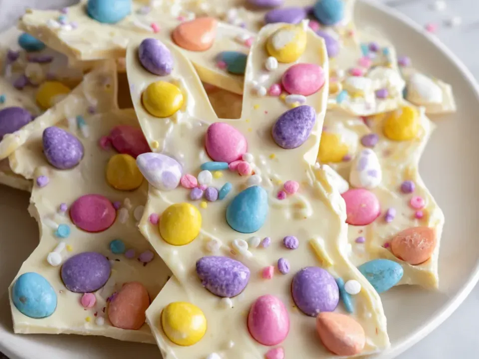 Broken slabs of white chocolate bark studded with pastel candy-coated mini eggs in pink, purple, yellow, blue and orange with pastel sprinkles, on a pale plate
