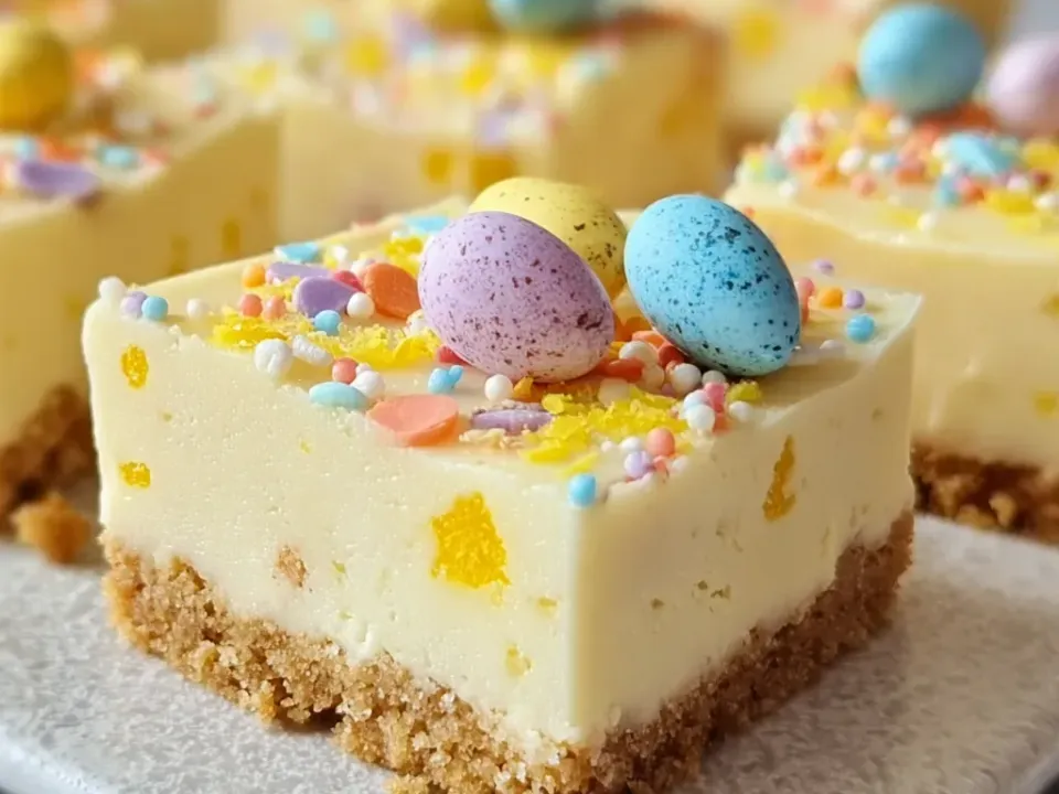 Pale yellow lemon cheesecake bars cut into squares on a white slab, each on a golden biscuit-crumb crust with pastel sprinkles, a speckled candy egg and lemon zest