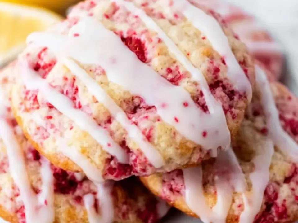 Thick soft pale cookies shot through with bright pink-red raspberry pieces, drizzled with a thin white glaze on a white plate