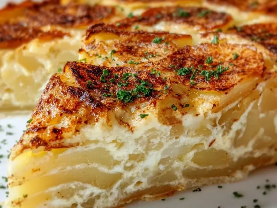 A slice of crustless potato pie with thin layered potatoes set in a creamy white cheese custard and a deeply browned top, garnished with parsley