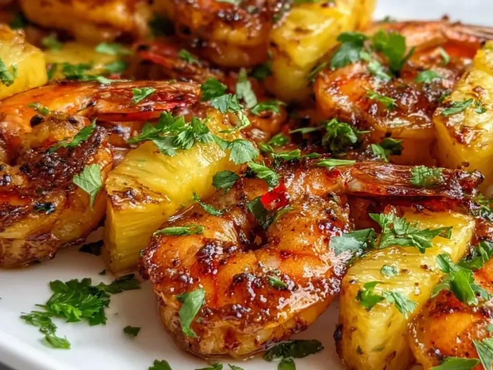 Whole grilled shrimp with charred edges alternating with charred golden pineapple chunks on a white platter, scattered with chopped coriander and red chilli