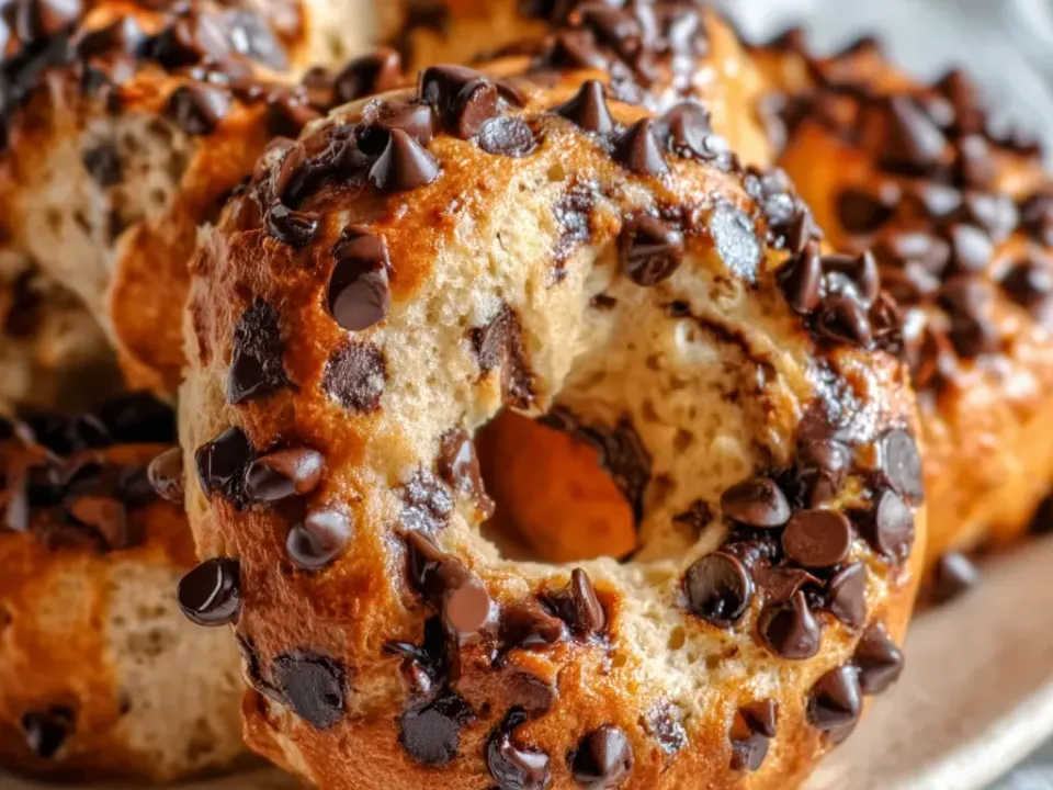 Glossy golden-brown bagels densely studded with mini chocolate chips, one torn to show a soft crumb, on a plate