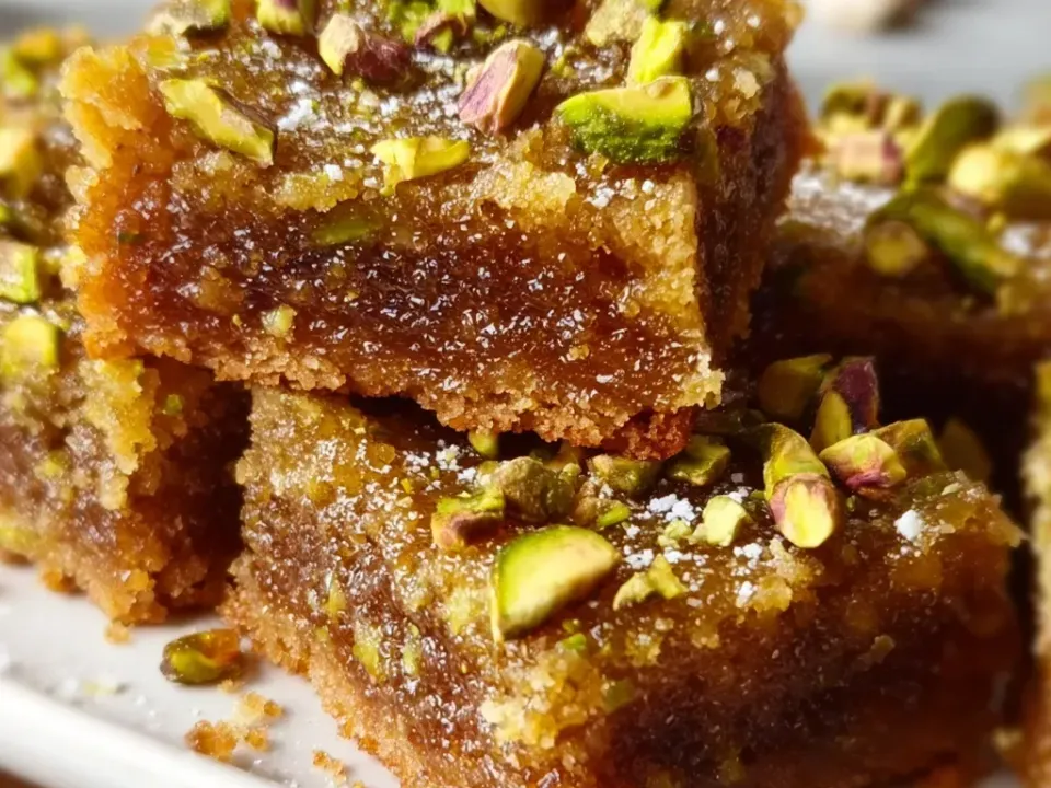 Thick squares of a dense moist golden-brown bar with a fudgy crumb, topped heavily with chopped green pistachios and a light scatter of flaky sea salt