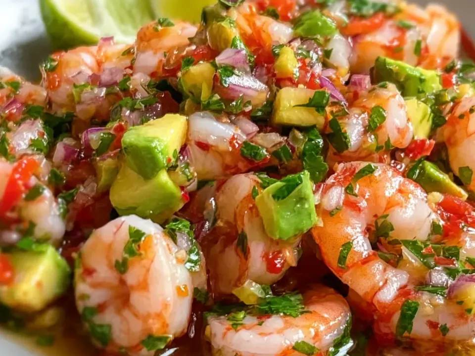 Cooked pink shrimp with diced avocado, red onion, tomato and heavy cilantro in a red-flecked citrus dressing in a grey bowl, with lime wedges behind