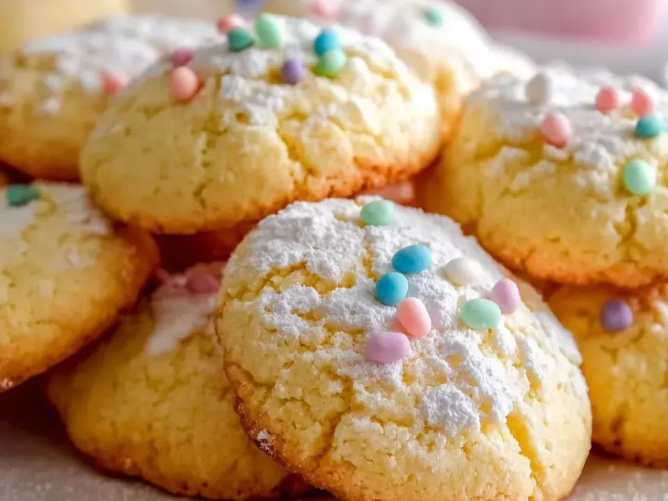 Round domed pale cookies with slightly cracked golden edges under a heavy dusting of powdered sugar, scattered with pastel candy nonpareils