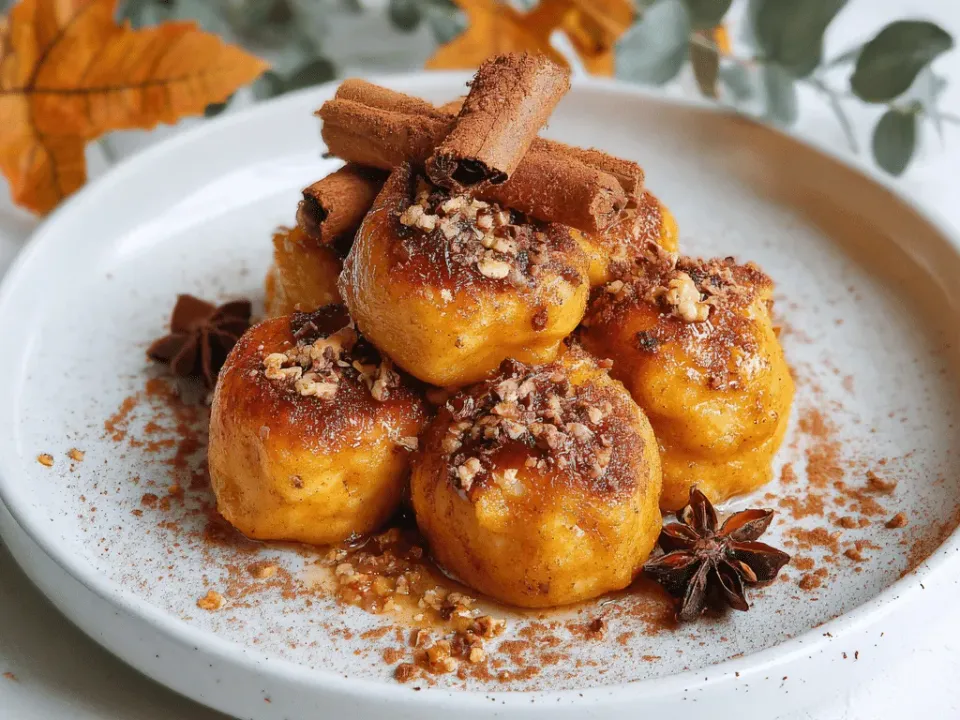 Soft pumpkin ricotta dumplings in a glossy maple butter with chopped toasted pecans and a dusting of cinnamon