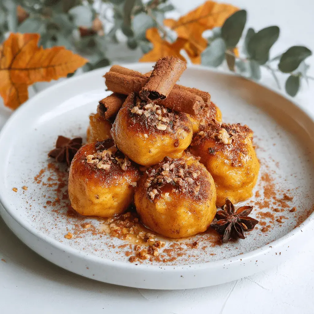 Pumpkin dumplings on a fall-themed table with warm lighting