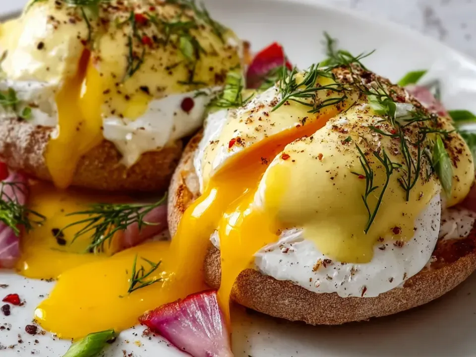 Two eggs Benedict-style halves on toasted whole-wheat English muffins with soft poached eggs and runny yolk, thick yellow sauce, fresh dill, red pepper flakes and pink pickled red onion