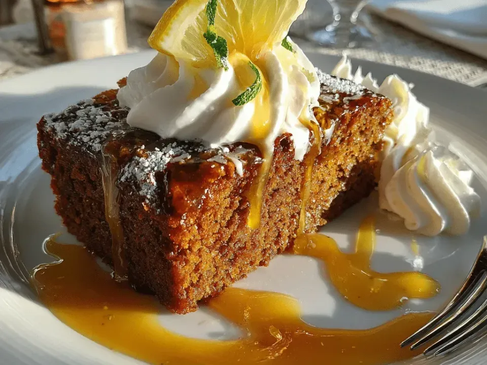 A dark square of gingerbread cake under a glossy amber sauce pooling around it, topped with piped whipped cream, a lemon slice and mint, dusted with icing sugar