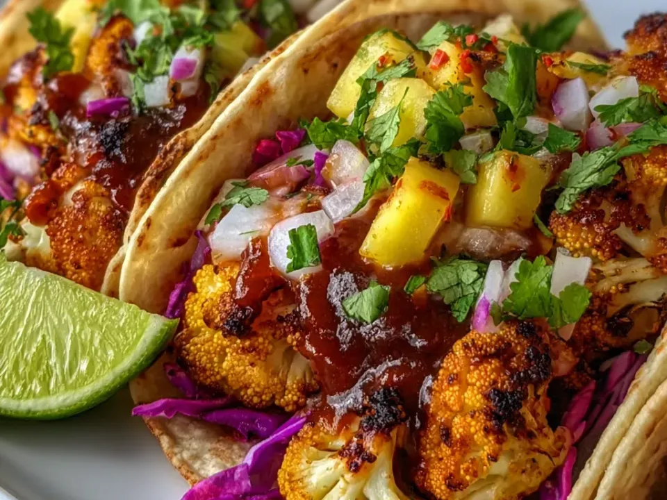 Soft flour tortillas holding shredded purple cabbage and charred roasted cauliflower florets under dark BBQ sauce, topped with diced pineapple, white and red onion and cilantro, with a lime wedge