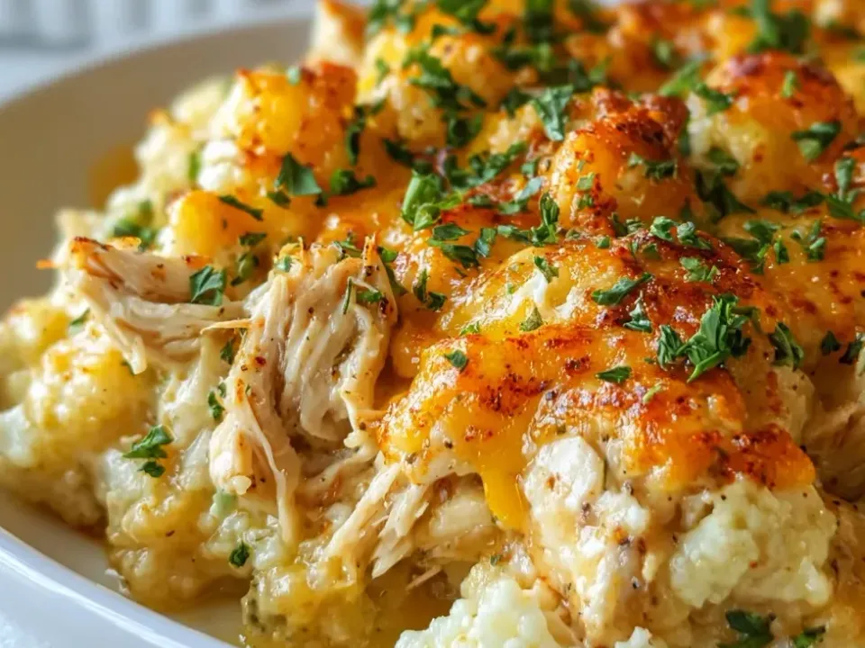 Cauliflower florets and shredded chicken under a browned orange cheddar sauce with paprika and parsley, in a white dish