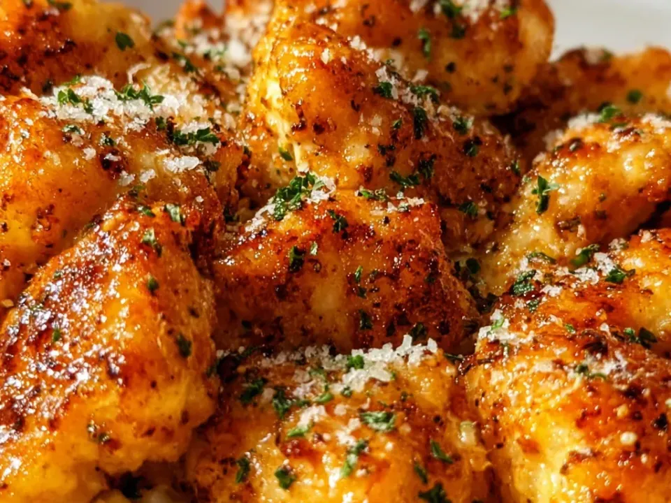 Chunks of chicken in a deeply browned golden-orange coating dusted with finely grated Parmesan and chopped parsley, piled over a pale white creamy base in a white bowl