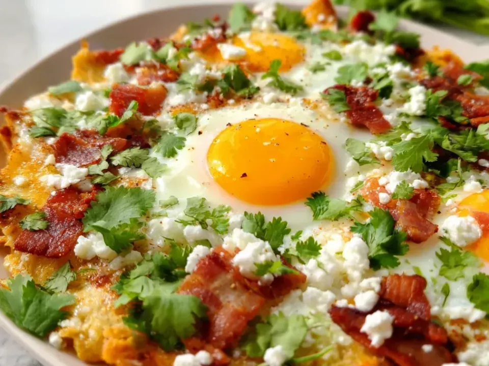 A platter of fried tortilla chips coated in red-orange sauce with a fried egg in the centre, strips of crisp bacon, crumbled white cheese and abundant cilantro