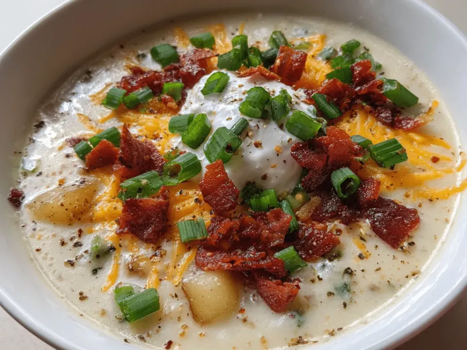 Bowl of creamy potato soup with visible potato chunks, topped with crumbled bacon, shredded cheddar, sour cream and green onions