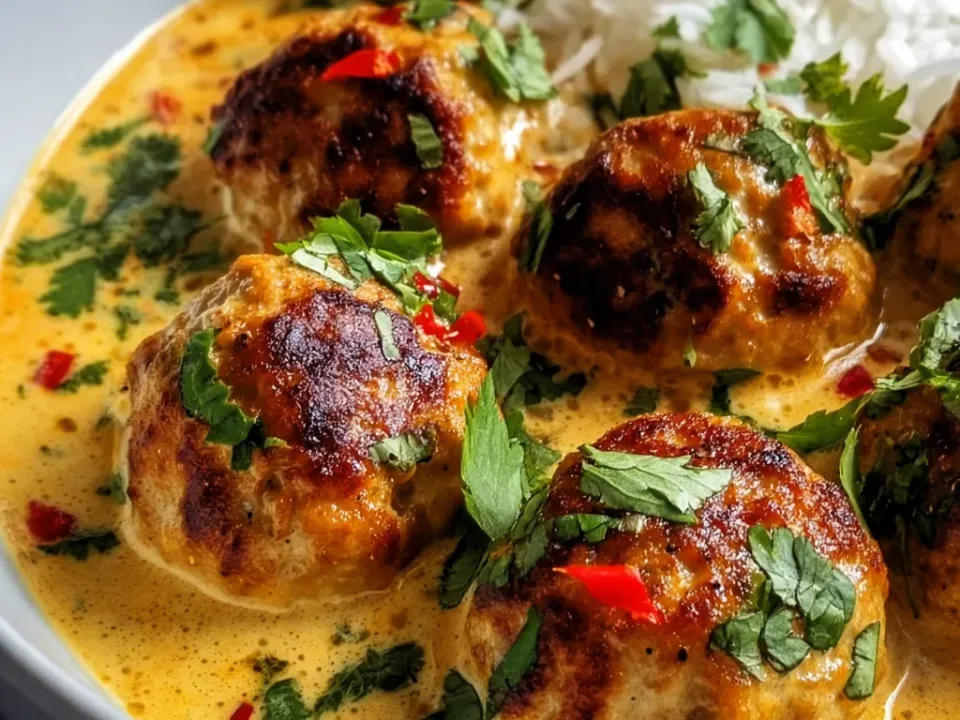Browned chicken meatballs in a pale yellow coconut curry with cilantro and sliced red chilli, white rice and lime at the edge of the bowl