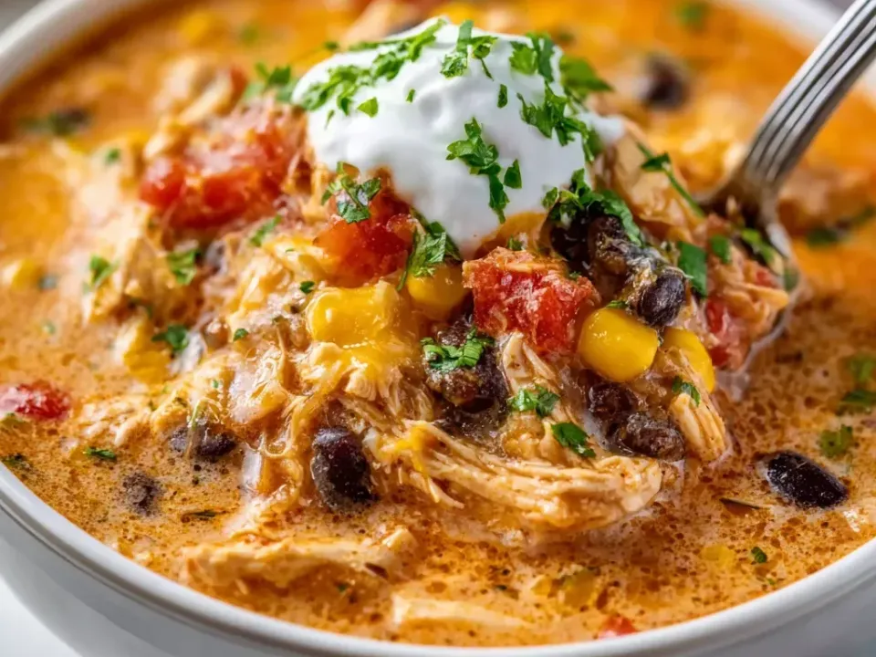 A creamy orange-red chili soup with shredded chicken, black beans, corn and diced tomato in a white bowl, topped with a dollop of sour cream and chopped herbs