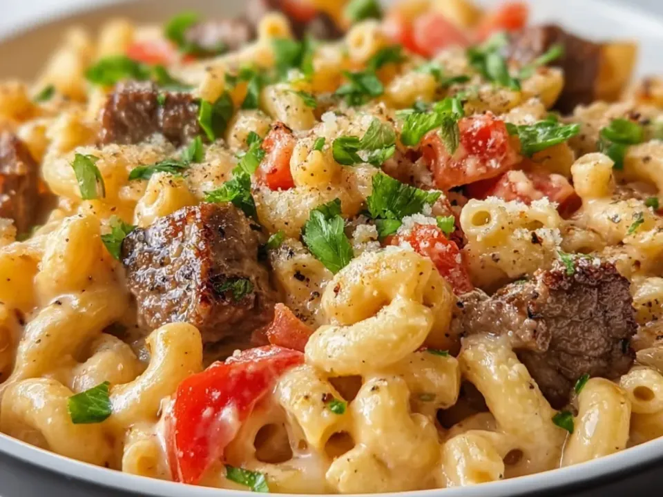 Macaroni with seared steak pieces and diced tomato in a creamy pepper jack sauce