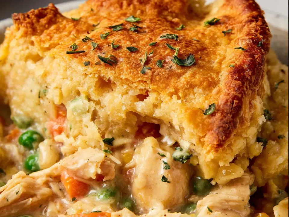 A golden biscuit-topped pot pie cut open to show a creamy chicken filling with peas and carrots