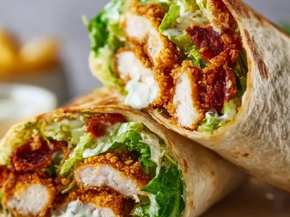 Two halves of a toasted flour tortilla wrap filled with golden crumb-coated chicken strips, chopped romaine, crisp bacon pieces and creamy dressing