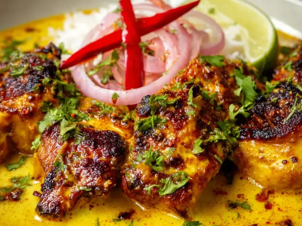 Charred and blistered chicken pieces in a bright yellow creamy sauce in a pale bowl, topped with coriander, raw red onion rings and long red chilli strips, with white rice and a lime wedge behind