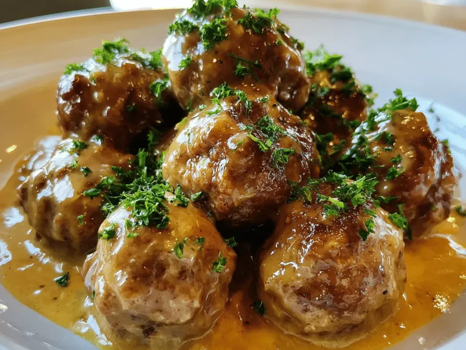 Round meatballs in a tan cream gravy, finished heavily with chopped parsley