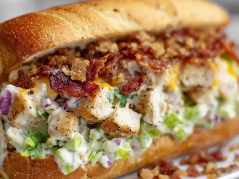 A long soft golden sub roll filled with a cold chopped mixture of diced chicken, celery, red onion and white ranch dressing, topped with orange cheddar and crisp bacon pieces