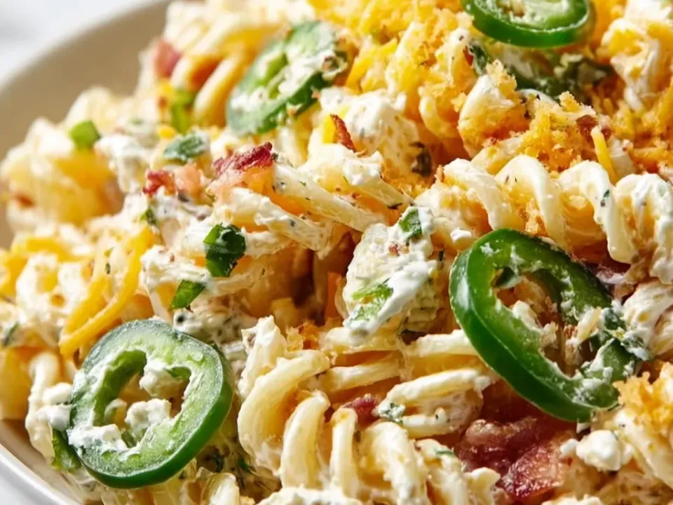A bowl of rotini in a creamy dressing with fresh jalapeño rings, shredded cheddar, crumbled bacon, green onion and a golden crispy crumb topping