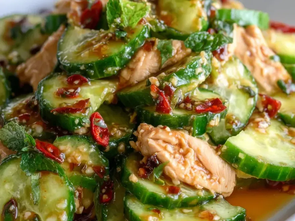Thick skin-on cucumber rounds with sliced cooked chicken in a thin amber dressing, heavily scattered with sliced fresh red chilli, minced garlic and mint leaves