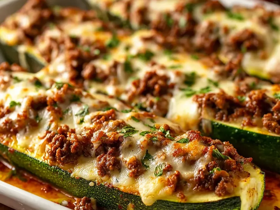 Halved zucchini shells filled with browned seasoned ground beef under melted white cheese browned in patches, with parsley and a thin red sauce pooling underneath in a white dish