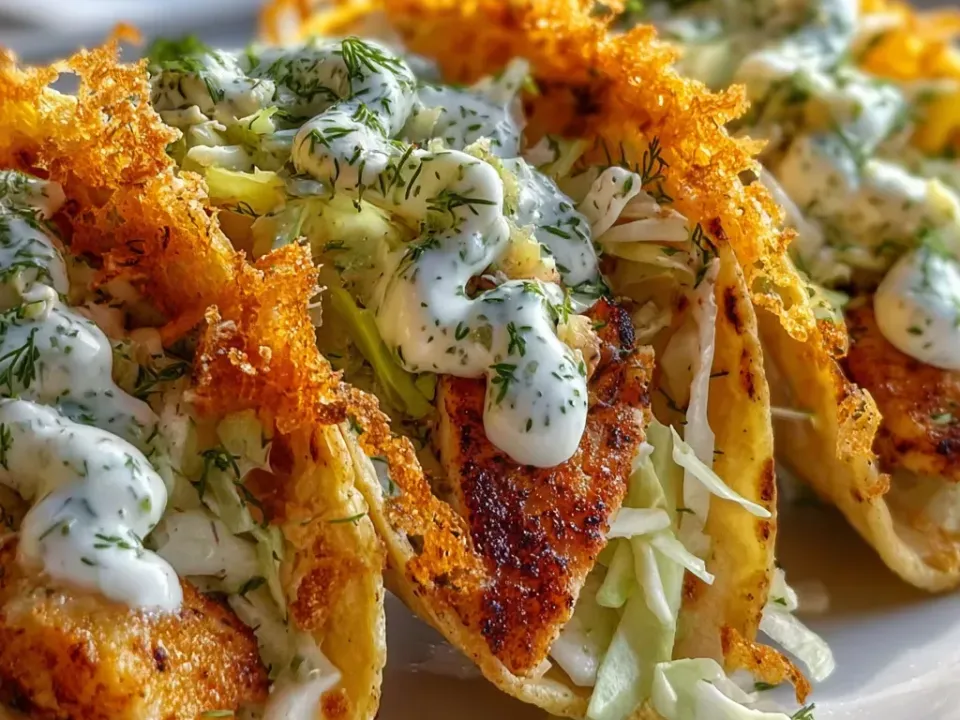 Soft yellow corn tortillas each carrying a lacy fried-cheese skirt, filled with shredded pale-green cabbage and darkly blackened chicken with a white dill-flecked ranch drizzle