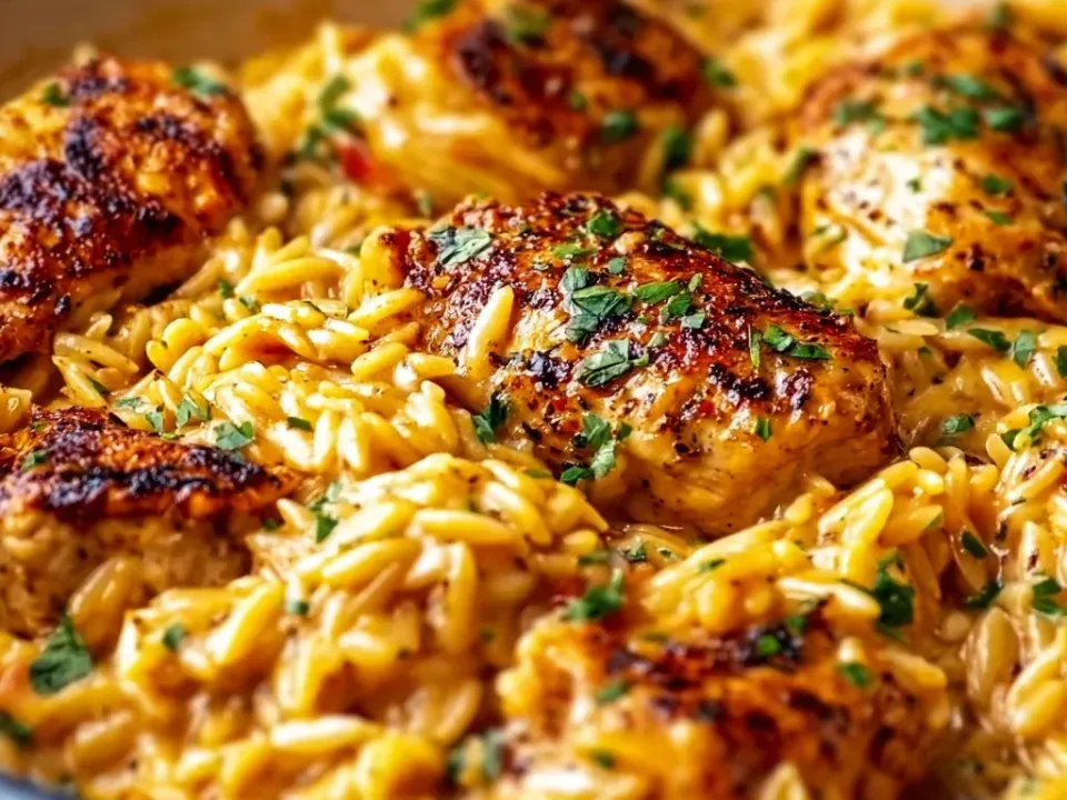 Browned chicken thighs half-buried in creamy orange-tinted orzo with parsley, in a dark skillet