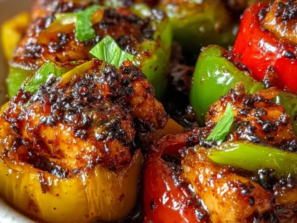 Halved red, green and yellow bell peppers charred at the edges, filled with chicken pieces in a glossy dark black-pepper sauce and scattered with green herb leaves