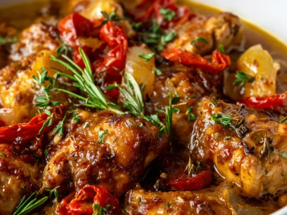 Browned chicken pieces with halved red cherry peppers, sliced onion, rosemary and thyme in a savoury pan jus