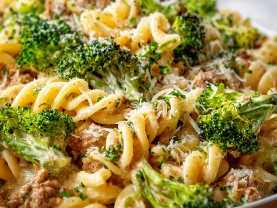 Rotini with crumbled ground turkey, broccoli florets and a white alfredo sauce, topped with Parmesan and parsley