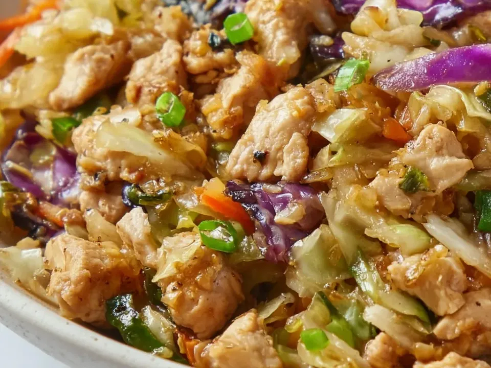 Bowl of crumbled ground chicken with shredded green and red cabbage, carrot and sliced green onion in a glossy sauce