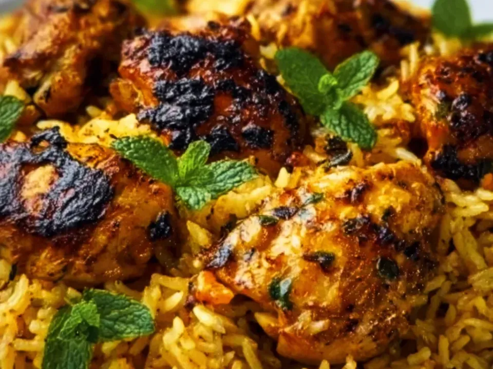 A plate of charred, deeply spiced chicken thigh pieces over yellow long-grain rice with small diced carrot, garnished with fresh mint leaves