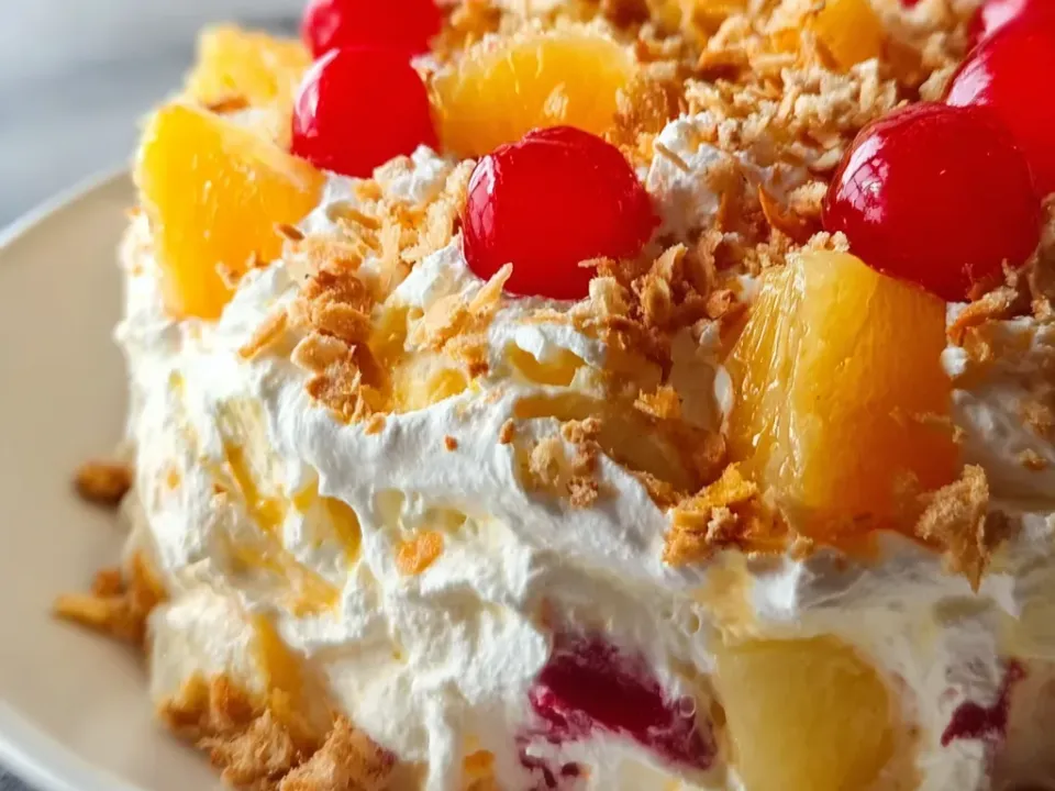 A heaped mound of thick white whipped cream folded through with yellow pineapple chunks and orange mandarin segments, scattered heavily with coarse toasted golden coconut and crowned with glossy red maraschino cherries